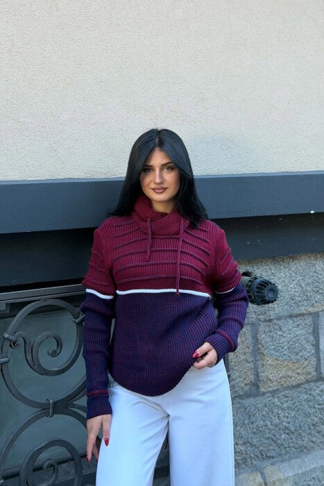 KNITTED HIGH NECK WOMAN SWEATER BURGUNDY/VISHNJE - KLAUDIO FASHION