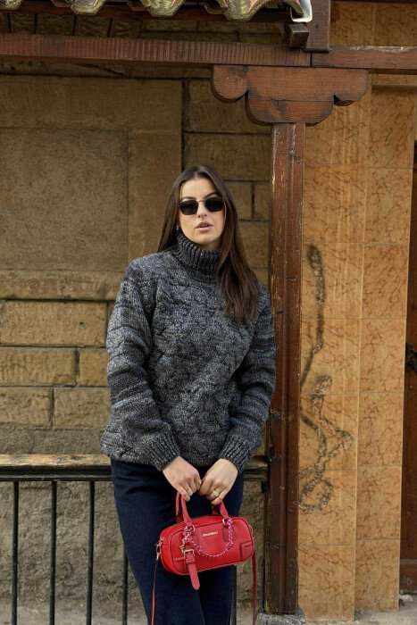 KNITTED HIGH NECK WOMEN SWEATER DARK GREY/GEE 