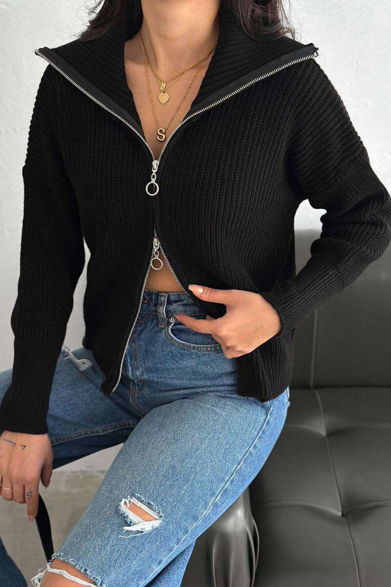 KNITTED HIGH NECK ZIPPER WOMEN CARDIGAN BLACK/ E ZEZE - 2