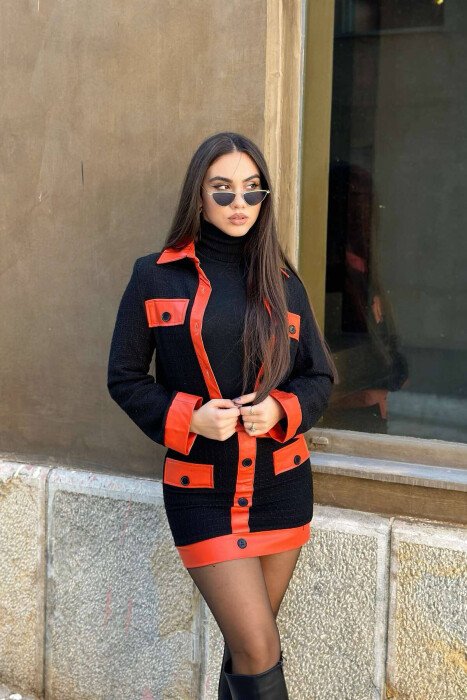 KNITTED JACKET+SKIRT WOMEN SET BLACK-ORANGE/ZE-PO - KLAUDIO FASHION