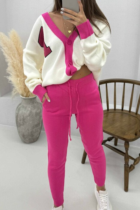 LETTER P CARDIGAN+TROUSERS KNIT WOMEN SET FUCHSIA-WHITE/CIK-BA - 5