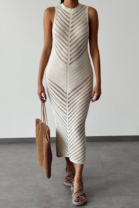 KNITTED LONG WOMEN DRESS CREAM/KREM - KLAUDIO FASHION