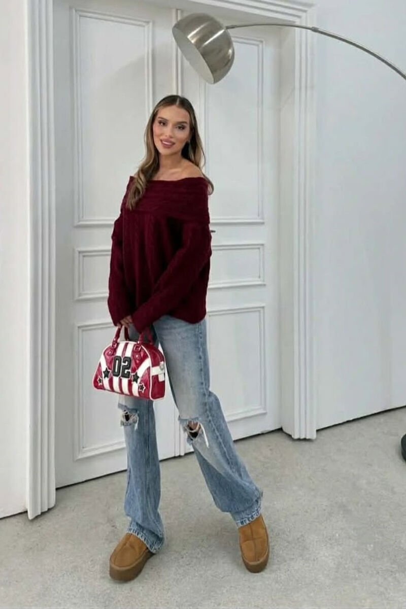 KNITTED OFF SHOULDER ONE COLOR WOMEN SWEATER BURGUNDY/VISHNJE - 2