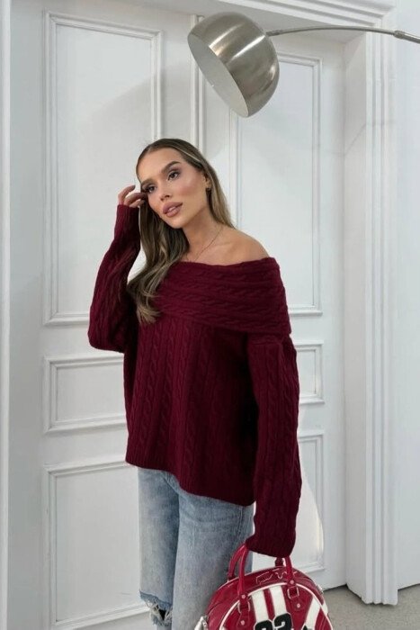 KNITTED OFF SHOULDER ONE COLOR WOMEN SWEATER BURGUNDY/VISHNJE - 3