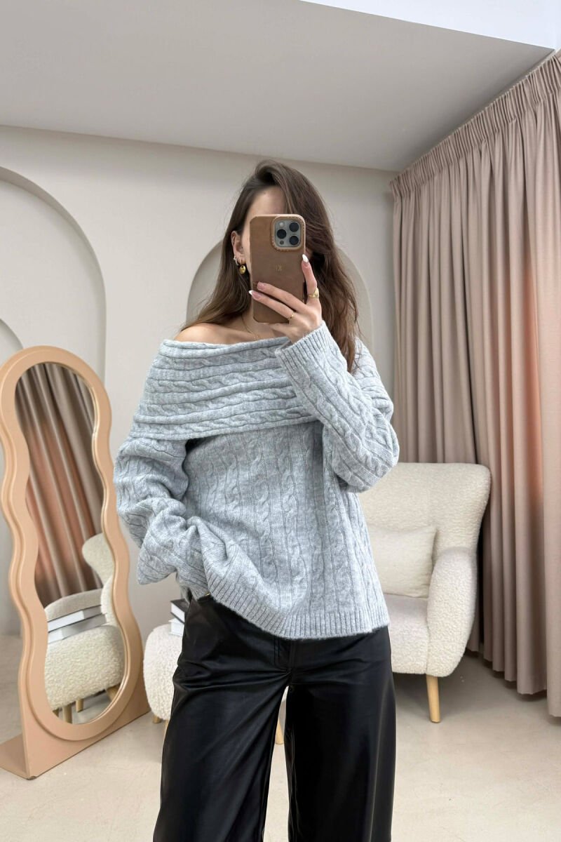 KNITTED OFF SHOULDER ONE COLOR WOMEN SWEATER LIGHT GREY/GZ - 1