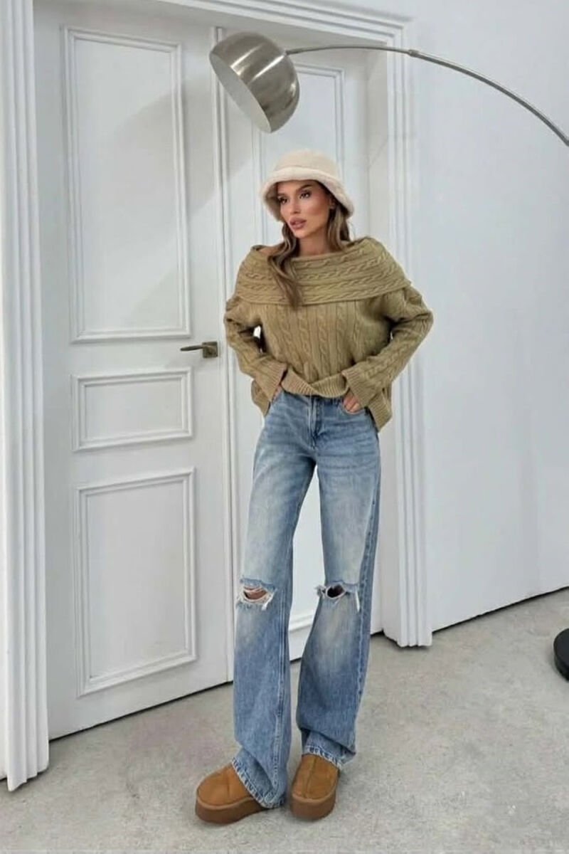KNITTED OFF SHOULDER ONE COLOR WOMEN SWEATER OLIVE/ULLI - 2