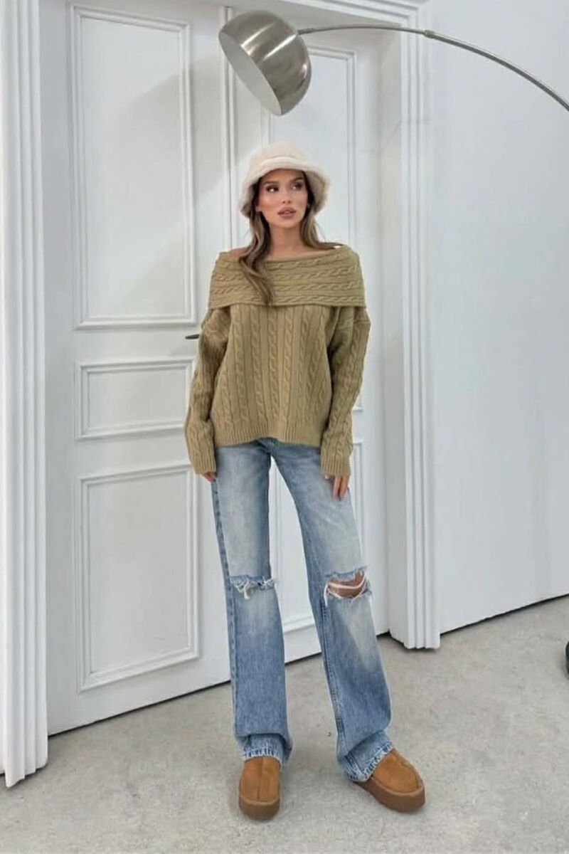 KNITTED OFF SHOULDER ONE COLOR WOMEN SWEATER OLIVE/ULLI - 5