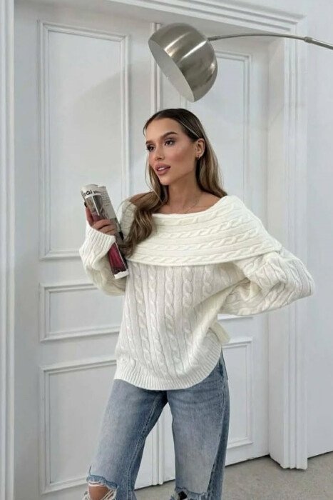 KNITTED OFF SHOULDER ONE COLOR WOMEN SWEATER WHITE-E BARDHE - KLAUDIO FASHION