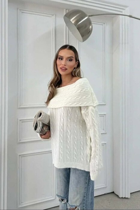 KNITTED OFF SHOULDER ONE COLOR WOMEN SWEATER WHITE-E BARDHE - 2