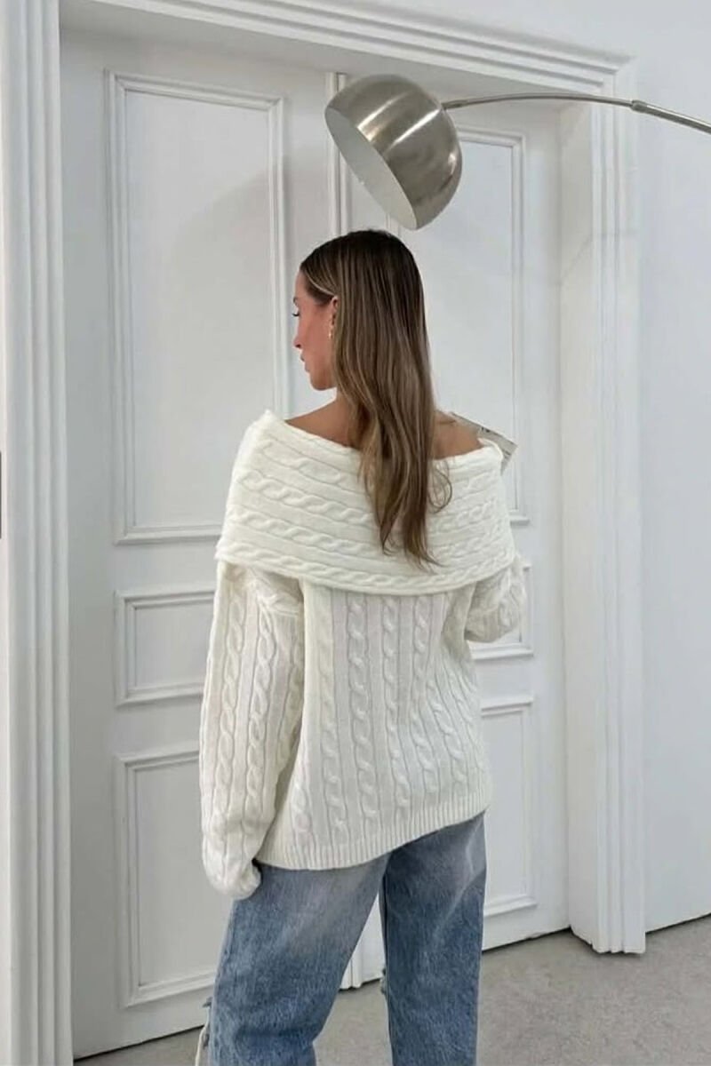 KNITTED OFF SHOULDER ONE COLOR WOMEN SWEATER WHITE-E BARDHE - 4