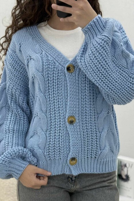 KNITTED ONE COLOR BUTTONED WOMEN CARDIGAN LIGHTBLUE/BZ - 4
