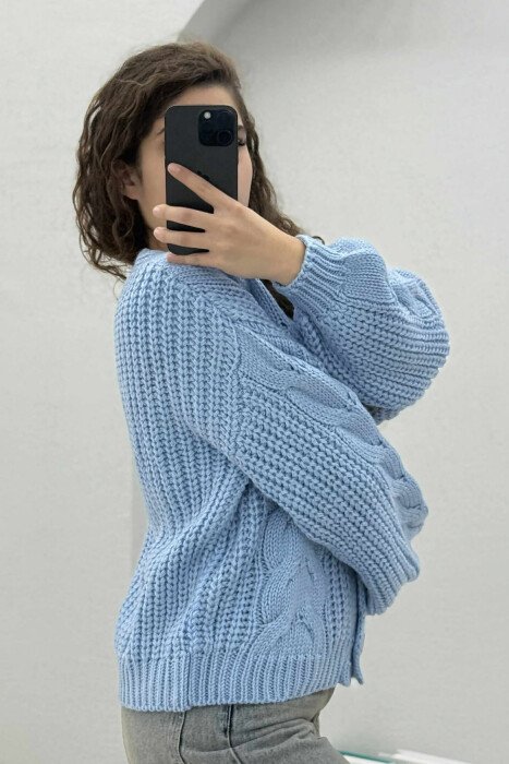 KNITTED ONE COLOR BUTTONED WOMEN CARDIGAN LIGHTBLUE/BZ - 3