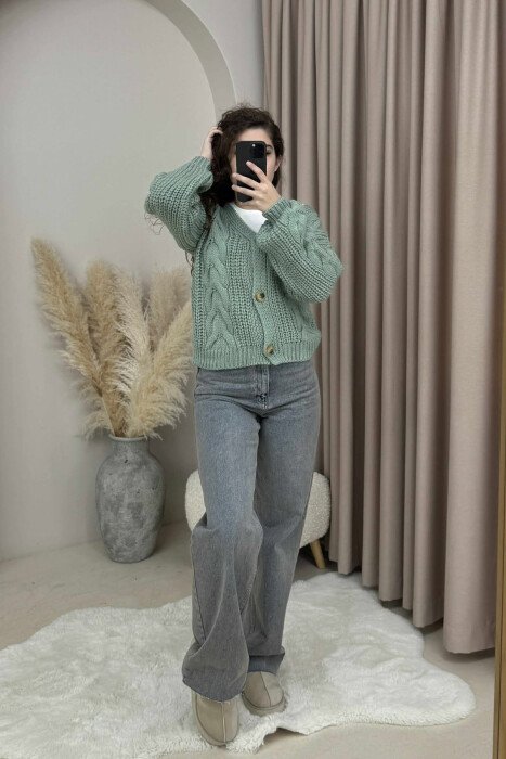 KNITTED ONE COLOR BUTTONED WOMEN CARDIGAN MINT/MENTE - 2