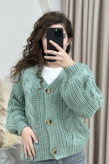 KNITTED ONE COLOR BUTTONED WOMEN CARDIGAN MINT/MENTE - 3