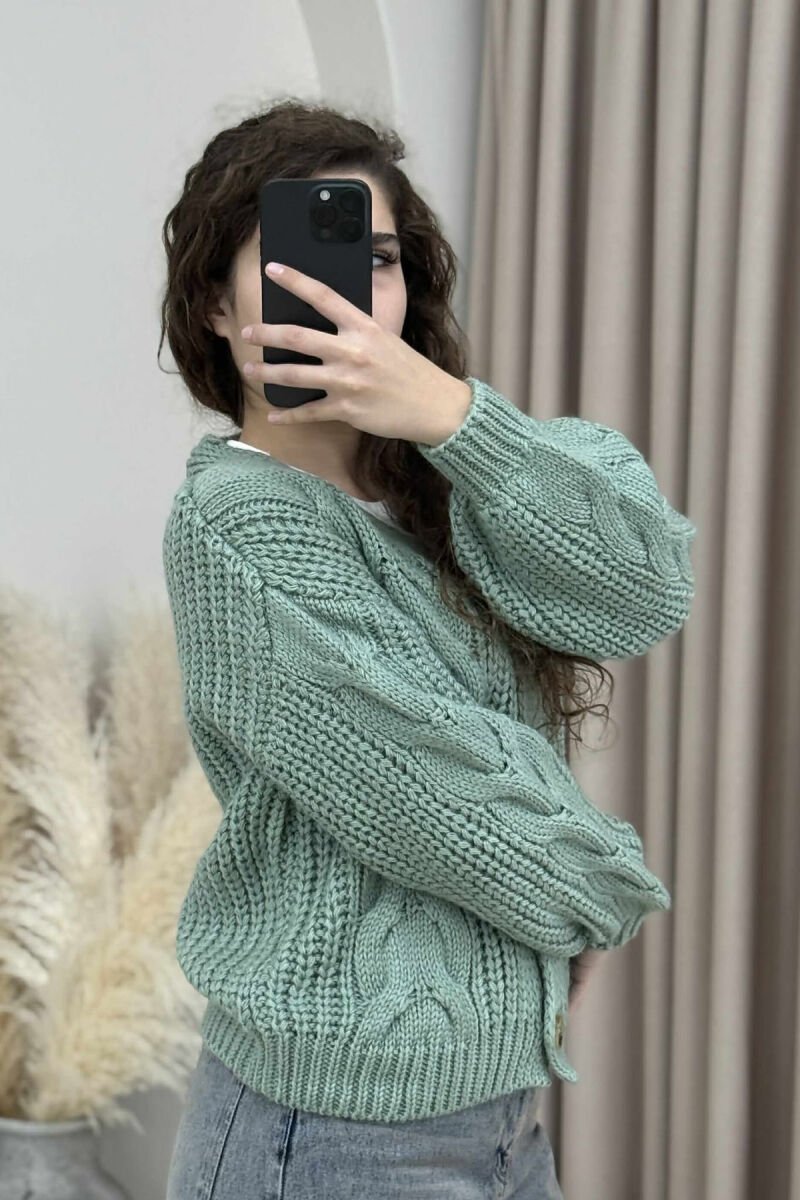 KNITTED ONE COLOR BUTTONED WOMEN CARDIGAN MINT/MENTE - 4