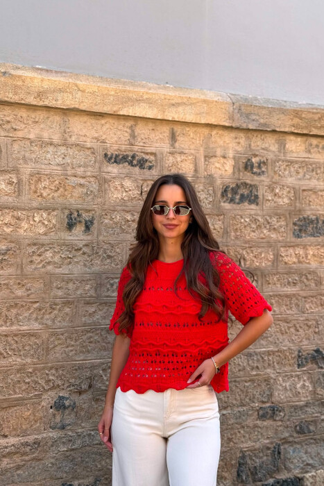 KNITTED ONE COLOR ROUND NECK WOMEN T-SHIRT RED/E KUQE - KLAUDIO FASHION