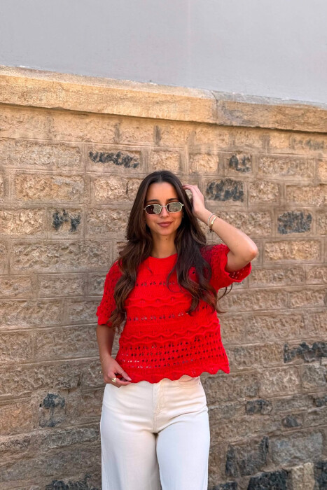 KNITTED ONE COLOR ROUND NECK WOMEN T-SHIRT RED/E KUQE - 2