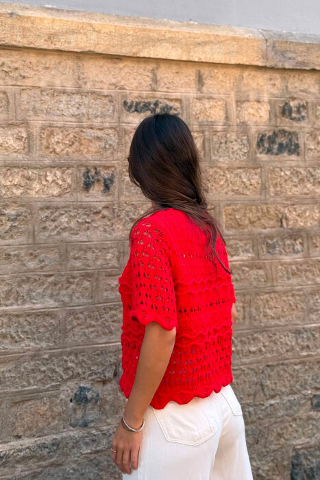 KNITTED ONE COLOR ROUND NECK WOMEN T-SHIRT RED/E KUQE - 3