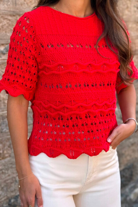 KNITTED ONE COLOR ROUND NECK WOMEN T-SHIRT RED/E KUQE - 4