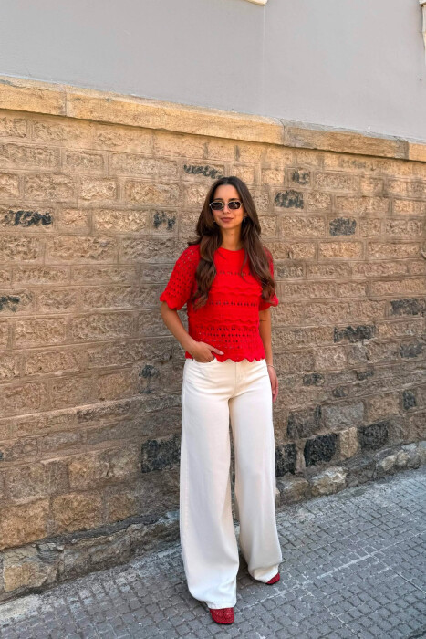 KNITTED ONE COLOR ROUND NECK WOMEN T-SHIRT RED/E KUQE - 5