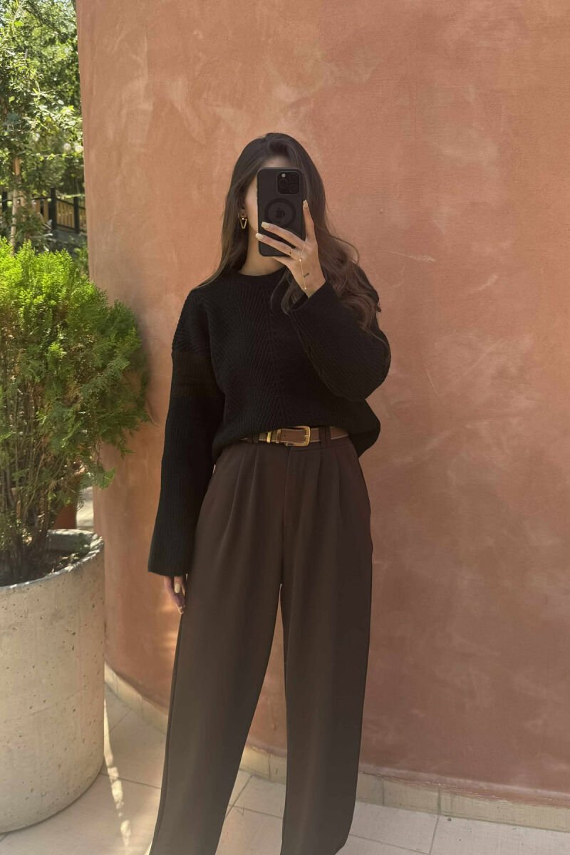 KNITTED ONE COLOR SIMPLE WOMEN SWEATER BLACK/ E ZEZE - 1