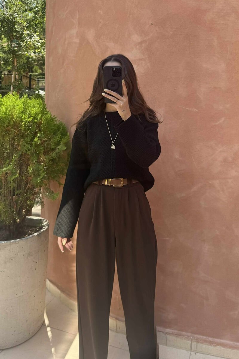 KNITTED ONE COLOR SIMPLE WOMEN SWEATER BLACK/ E ZEZE - 4