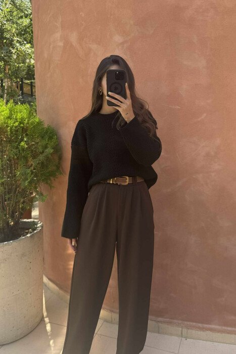KNITTED ONE COLOR SIMPLE WOMEN SWEATER BLACK/ E ZEZE 