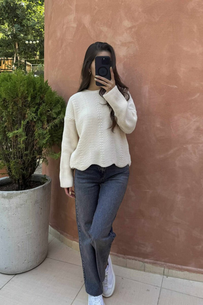 KNITTED ONE COLOR SIMPLE WOMEN SWEATER CREAM/KREM - 1