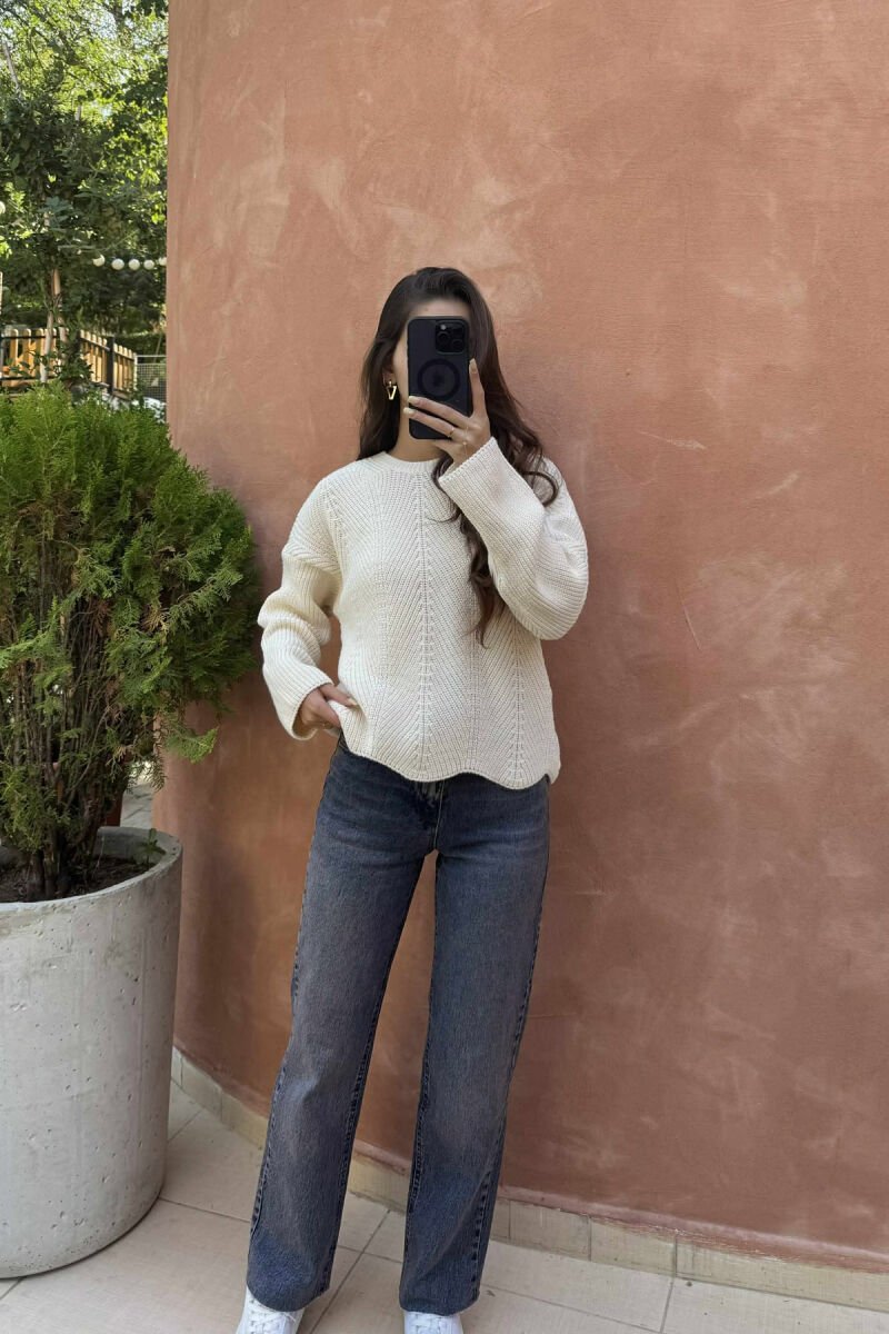 KNITTED ONE COLOR SIMPLE WOMEN SWEATER CREAM/KREM - 5