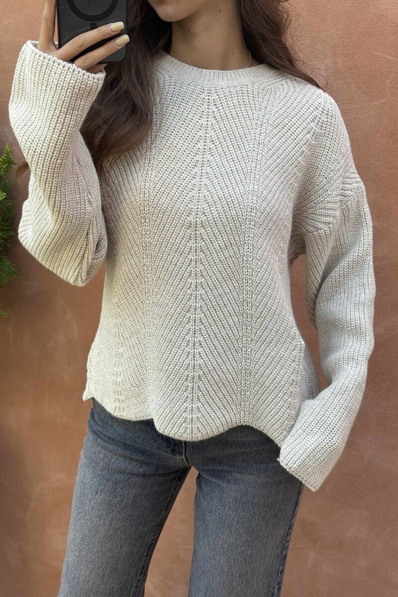 KNITTED ONE COLOR SIMPLE WOMEN SWEATER LIGHT BEIGE/BZHZB - 4