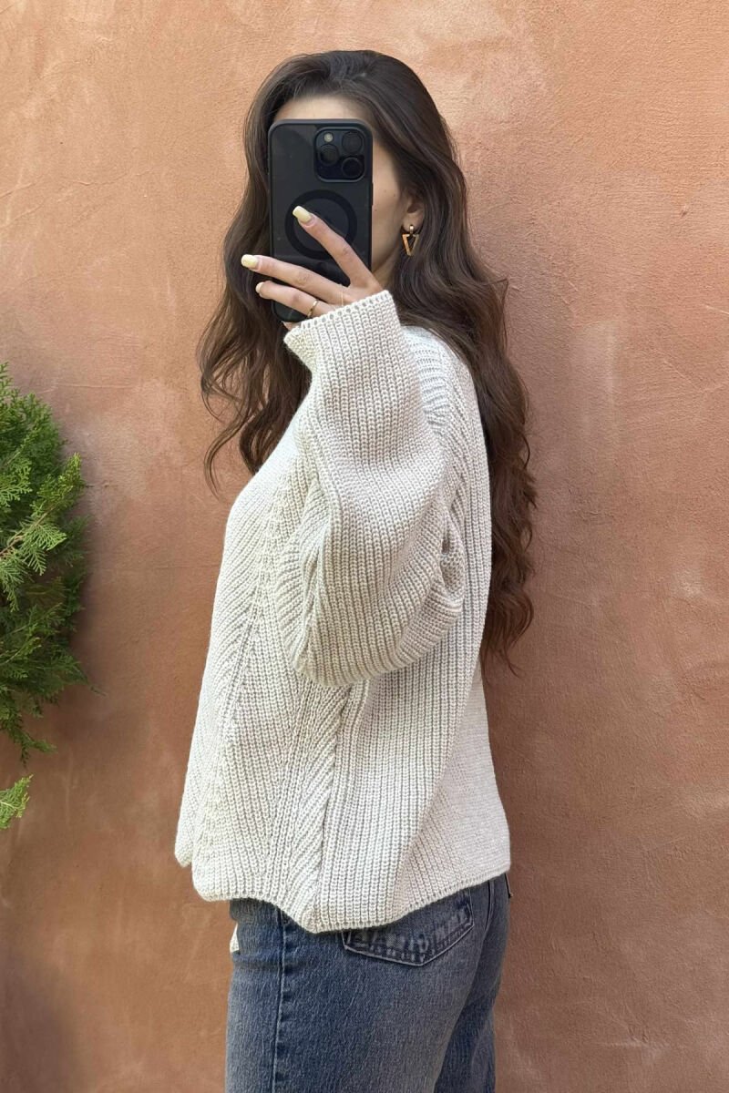 KNITTED ONE COLOR SIMPLE WOMEN SWEATER LIGHT BEIGE/BZHZB - 5