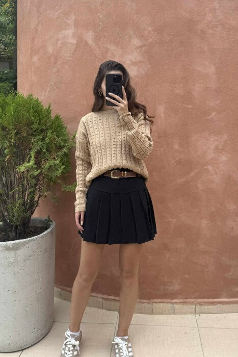 KNITTED ONE COLOR SIMPLE WOMEN SWEATER LIGHT BROWN/KAZB - 1