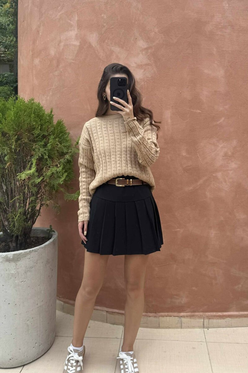 KNITTED ONE COLOR SIMPLE WOMEN SWEATER LIGHT BROWN/KAZB - 1