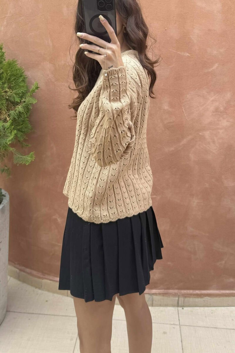 KNITTED ONE COLOR SIMPLE WOMEN SWEATER LIGHT BROWN/KAZB - 4