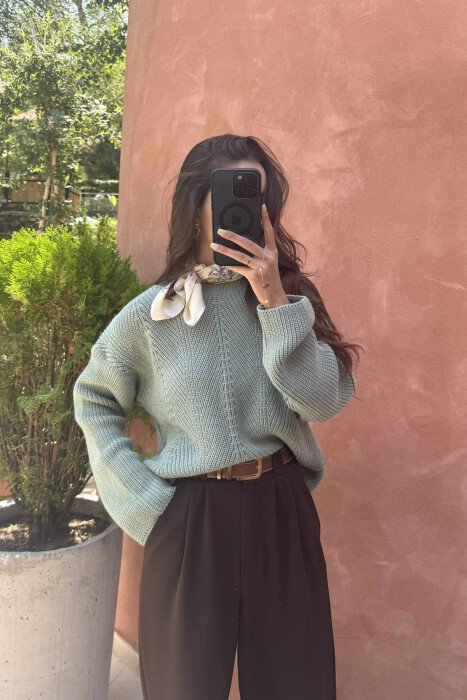KNITTED ONE COLOR SIMPLE WOMEN SWEATER MINT/MENTE - 2