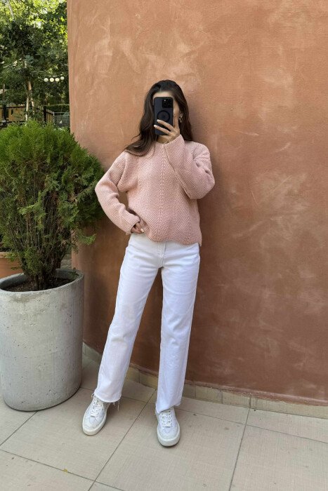 KNITTED ONE COLOR SIMPLE WOMEN SWEATER POWDER/PUDER 