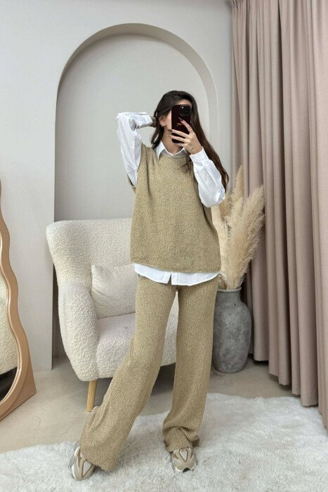 KNITTED ONE COLOR SLEEVELESS SWEATER+TROUSERS WOMEN SET BEIGE/BEZHE - KLAUDIO FASHION