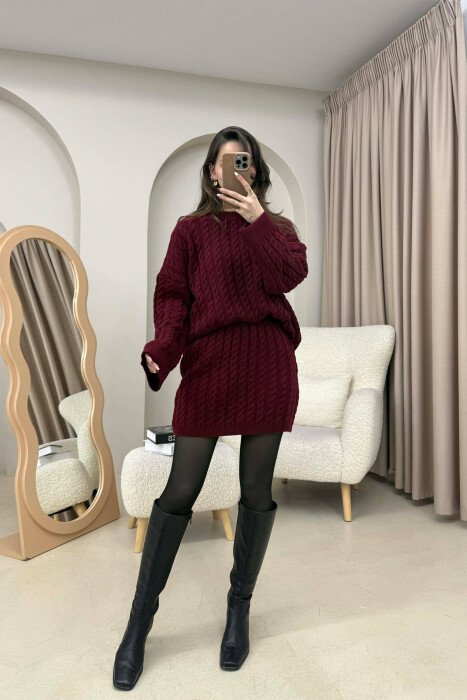 KNITTED ONE COLOR SWEATER+SKIRT WOMEN SET BURGUNDY/VISHNJE 