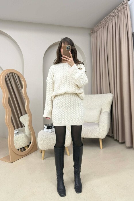 KNITTED ONE COLOR SWEATER+SKIRT WOMEN SET CREAM/KREM - 1
