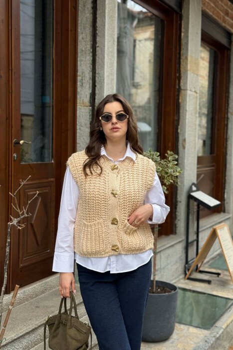 KNITTED ONE COLOR WOMEN VEST BEIGE/BEZHE - 1
