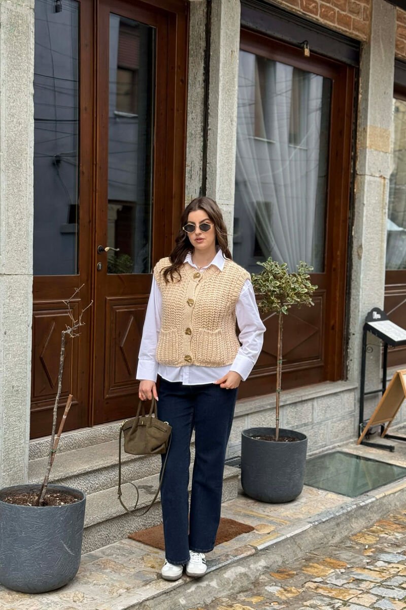 KNITTED ONE COLOR WOMEN VEST BEIGE/BEZHE - 2