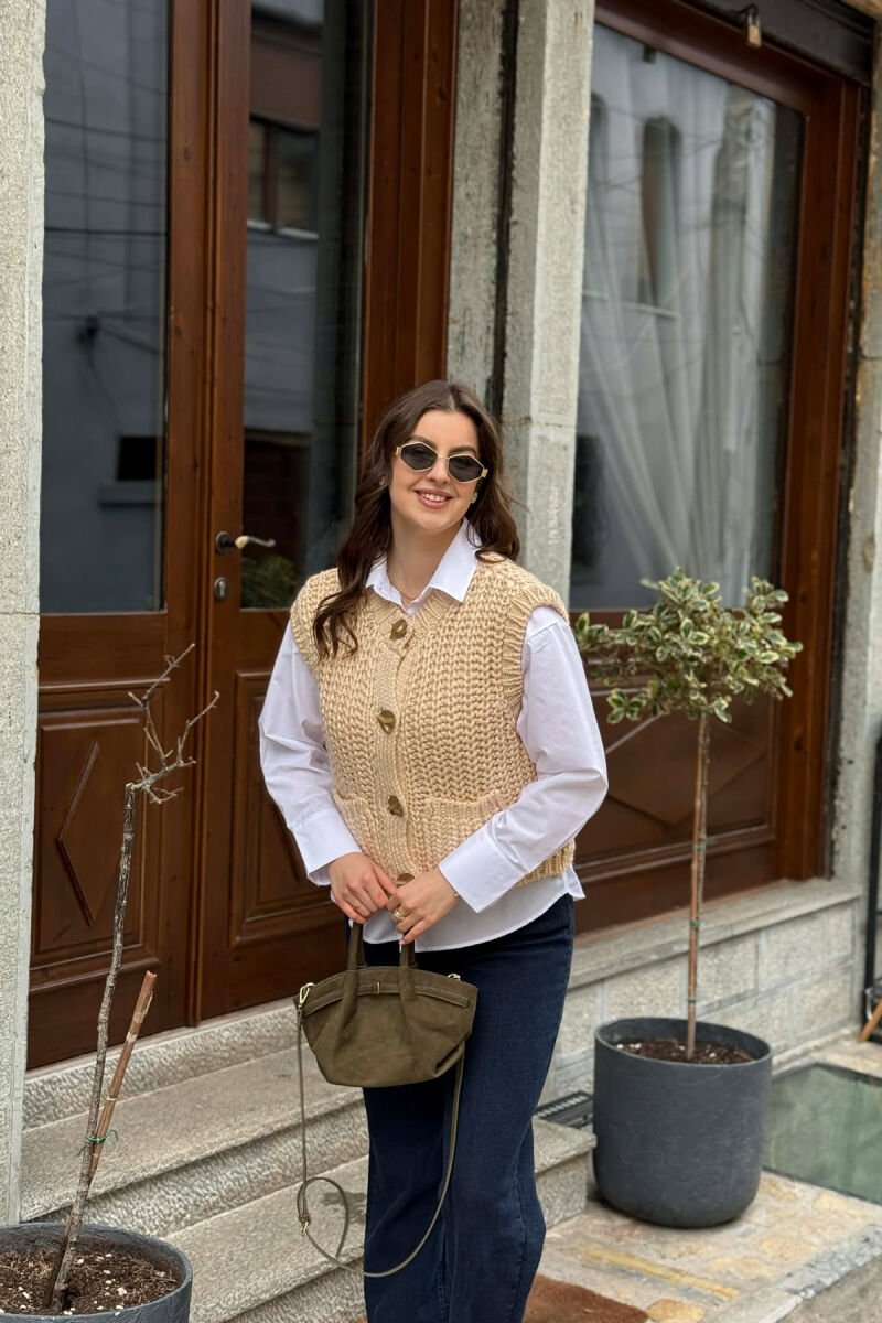 KNITTED ONE COLOR WOMEN VEST BEIGE/BEZHE - 3