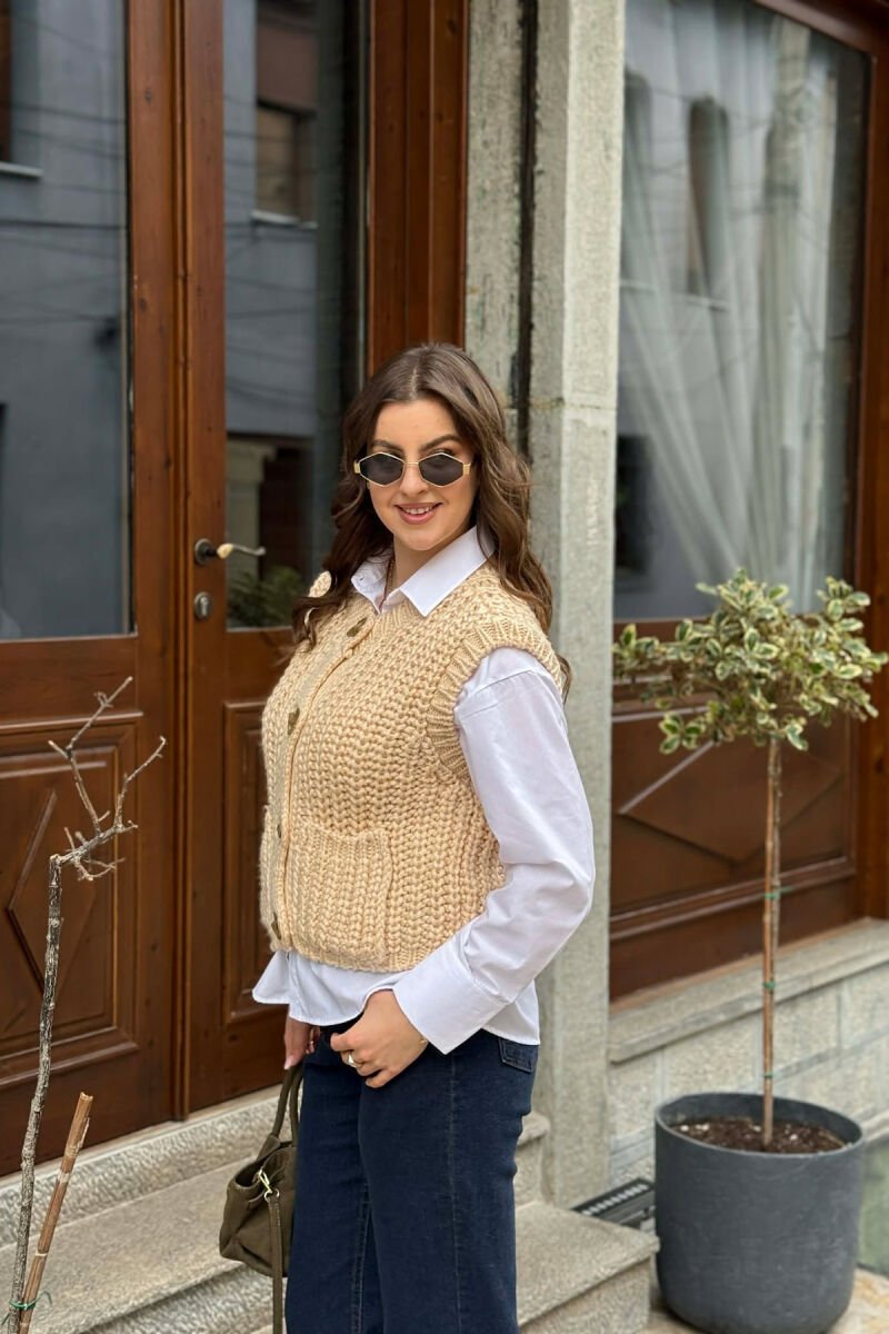 KNITTED ONE COLOR WOMEN VEST BEIGE/BEZHE - 4