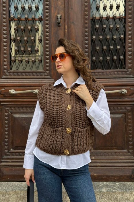 KNITTED ONE COLOR WOMEN VEST BROWN/KAFE - KLAUDIO FASHION