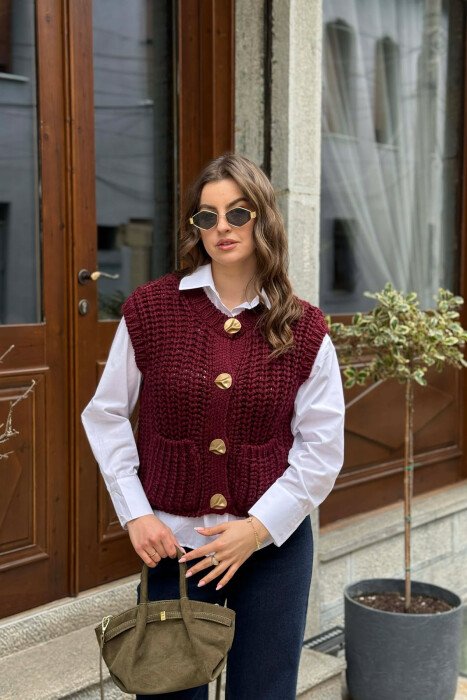 KNITTED ONE COLOR WOMEN VEST BURGUNDY/VISHNJE - 2