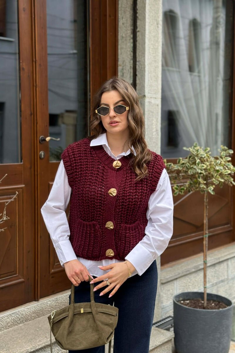 KNITTED ONE COLOR WOMEN VEST BURGUNDY/VISHNJE - 2