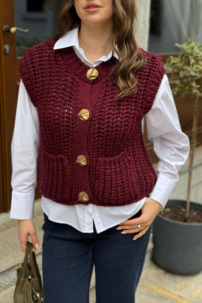 KNITTED ONE COLOR WOMEN VEST BURGUNDY/VISHNJE - 3