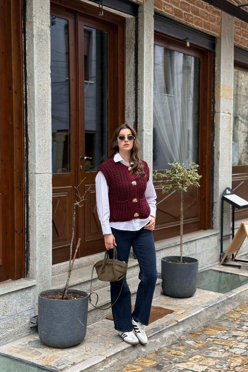 KNITTED ONE COLOR WOMEN VEST BURGUNDY/VISHNJE - 5