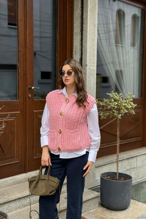 KNITTED ONE COLOR WOMEN VEST PINK/ROZE - KLAUDIO FASHION