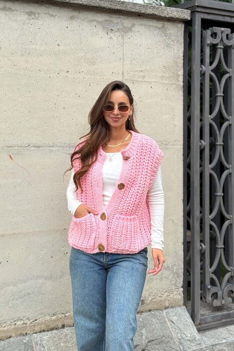 KNITTED ONE COLOR WOMEN VEST PINK/ROZE 
